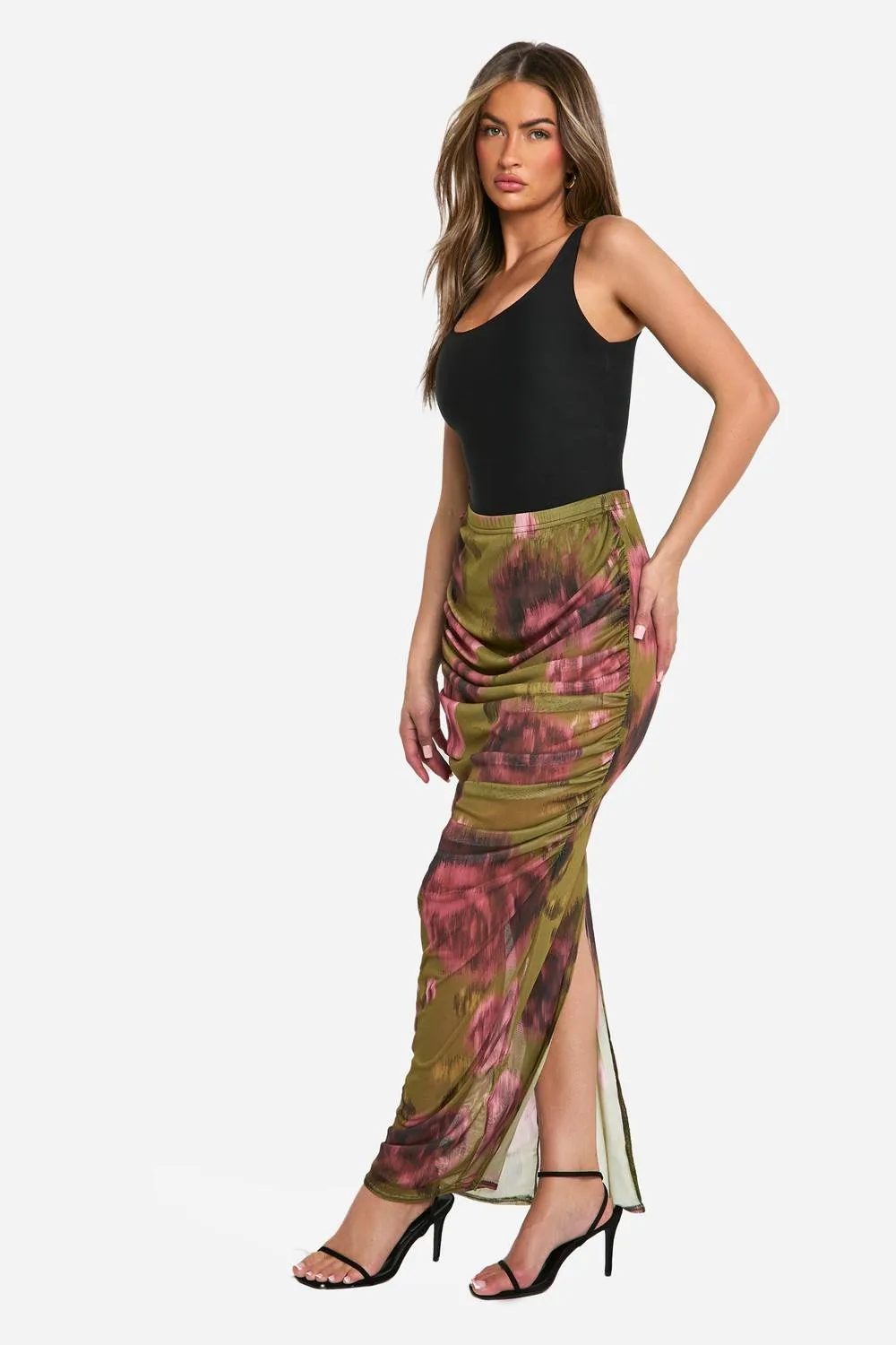 Floral Mesh Ruched Maxi Skirt by boohoo