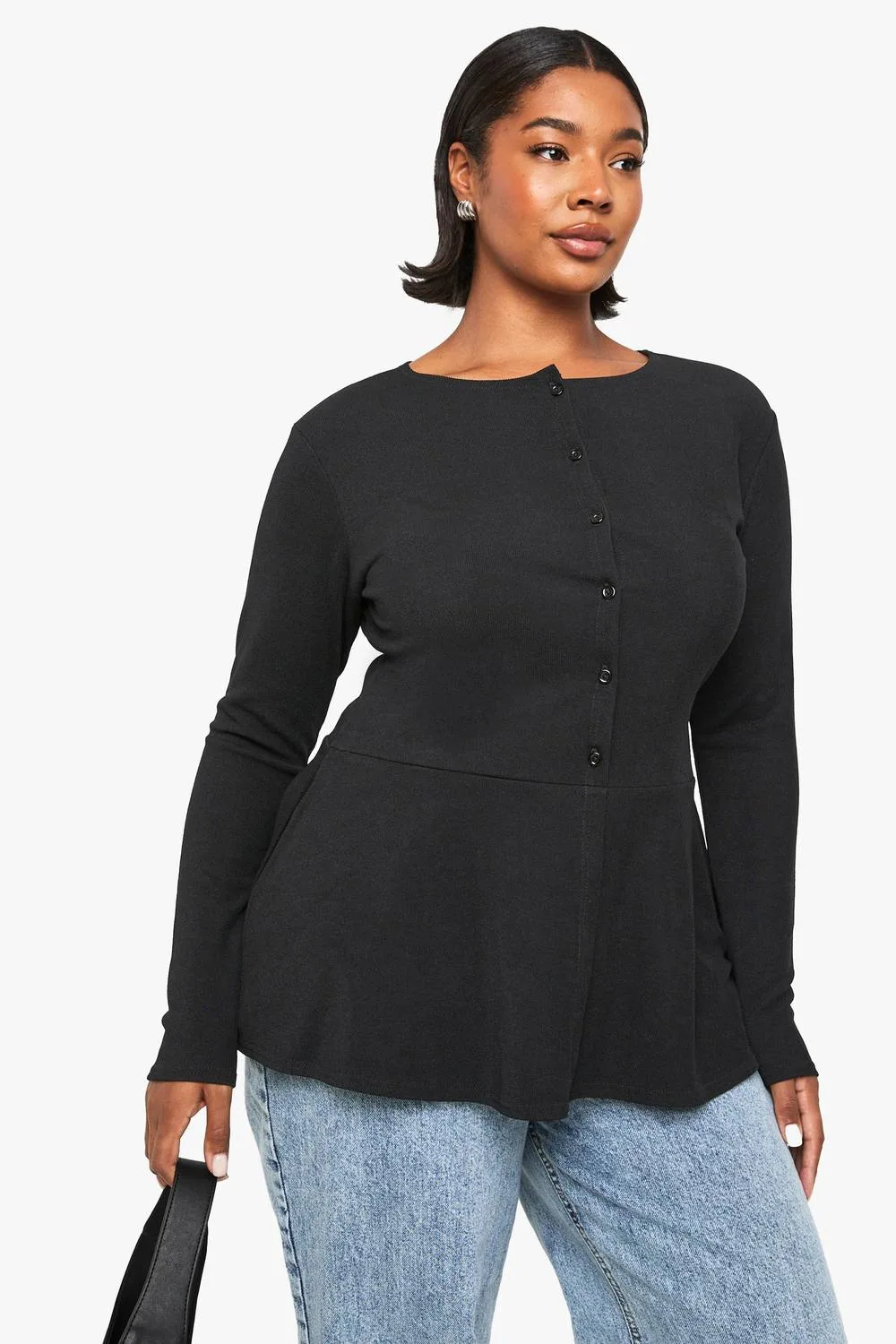 Rib Button Down Peplum Top by boohoo