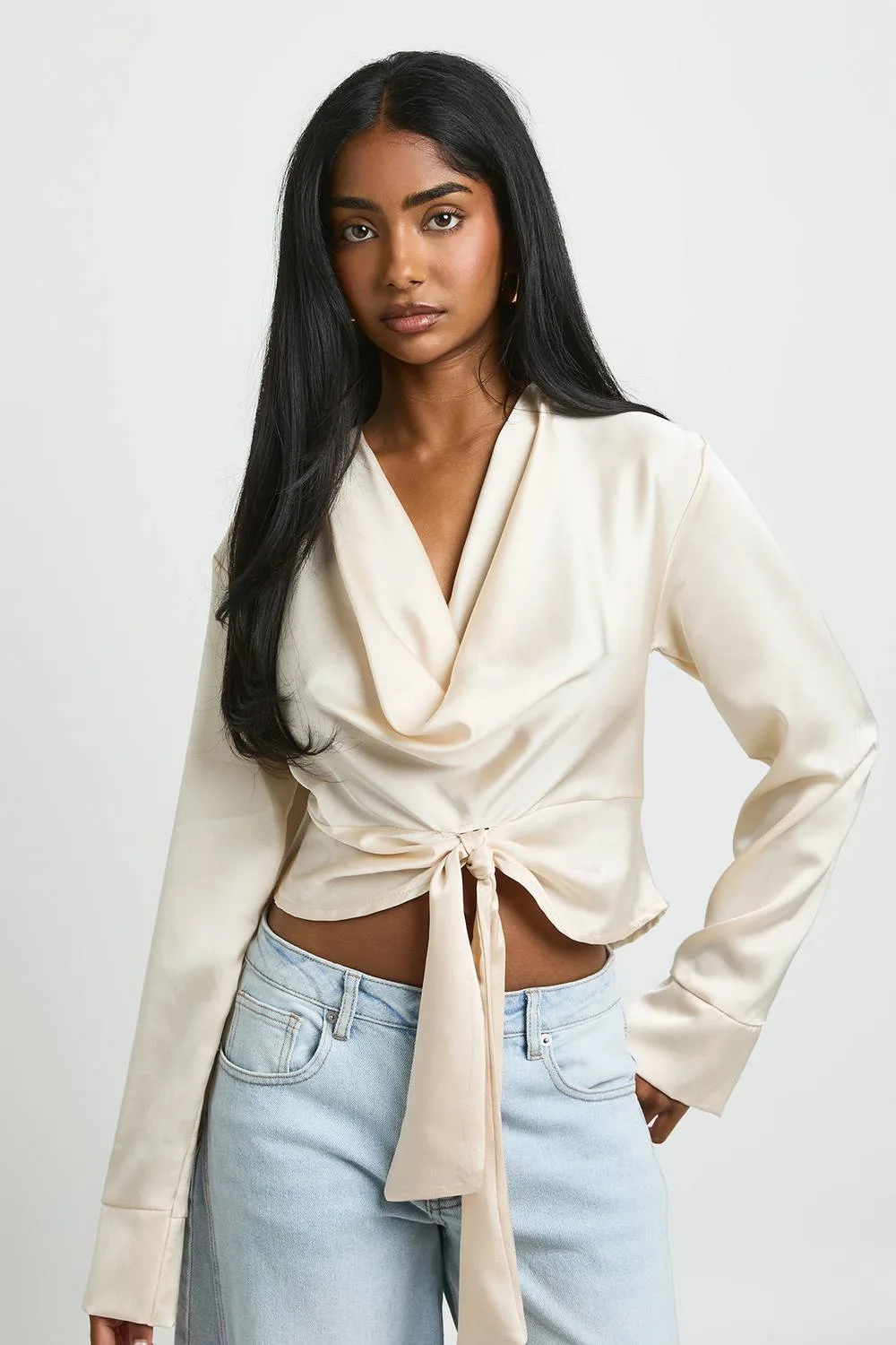 Satin Cowl Neck Tie Detail Top by boohoo