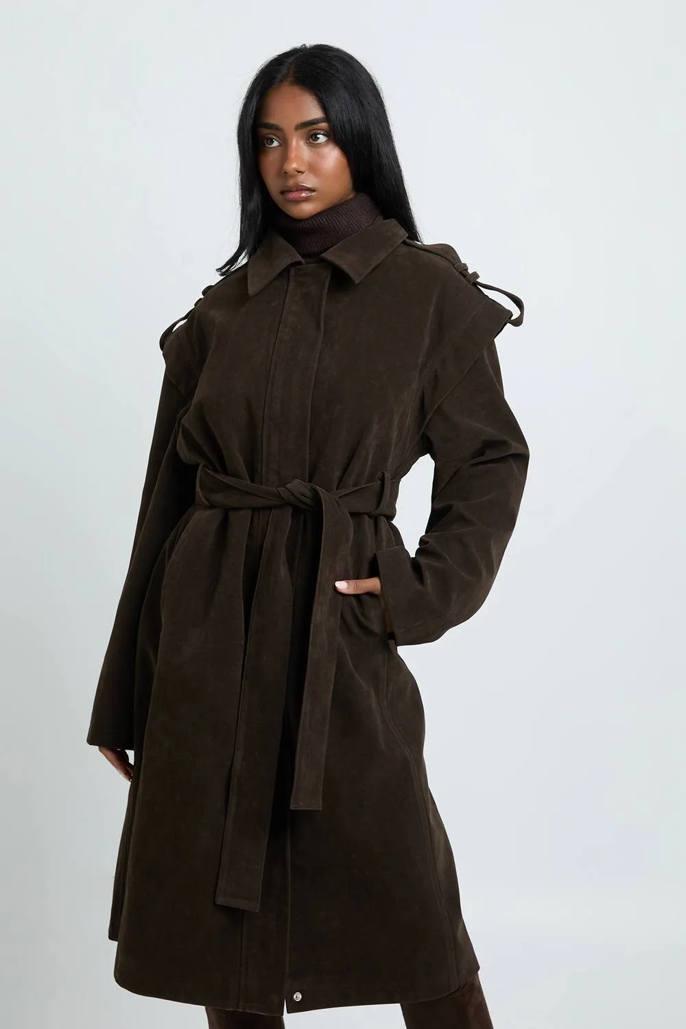 Shoulder Detail Faux Suede Trench Coat by boohoo