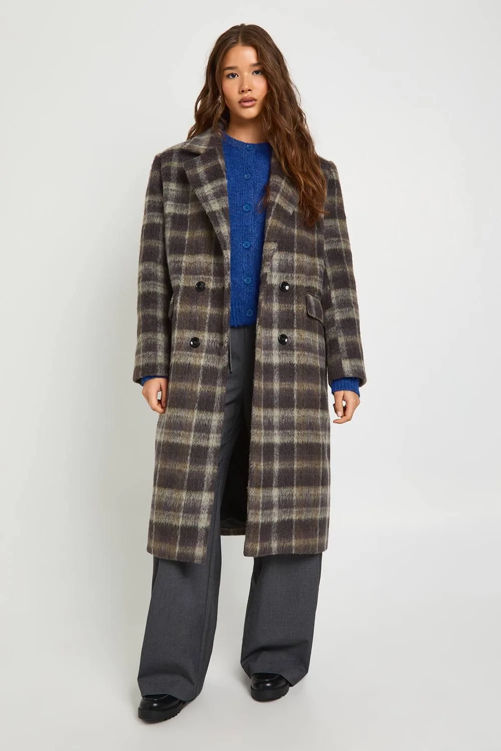 Check Double Breasted Wool Look Coat by boohoo