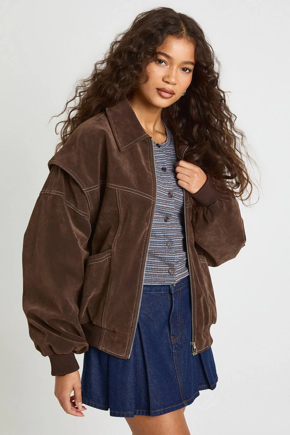 Faux Suede Contrast Stitch Bomber Jacket by boohoo