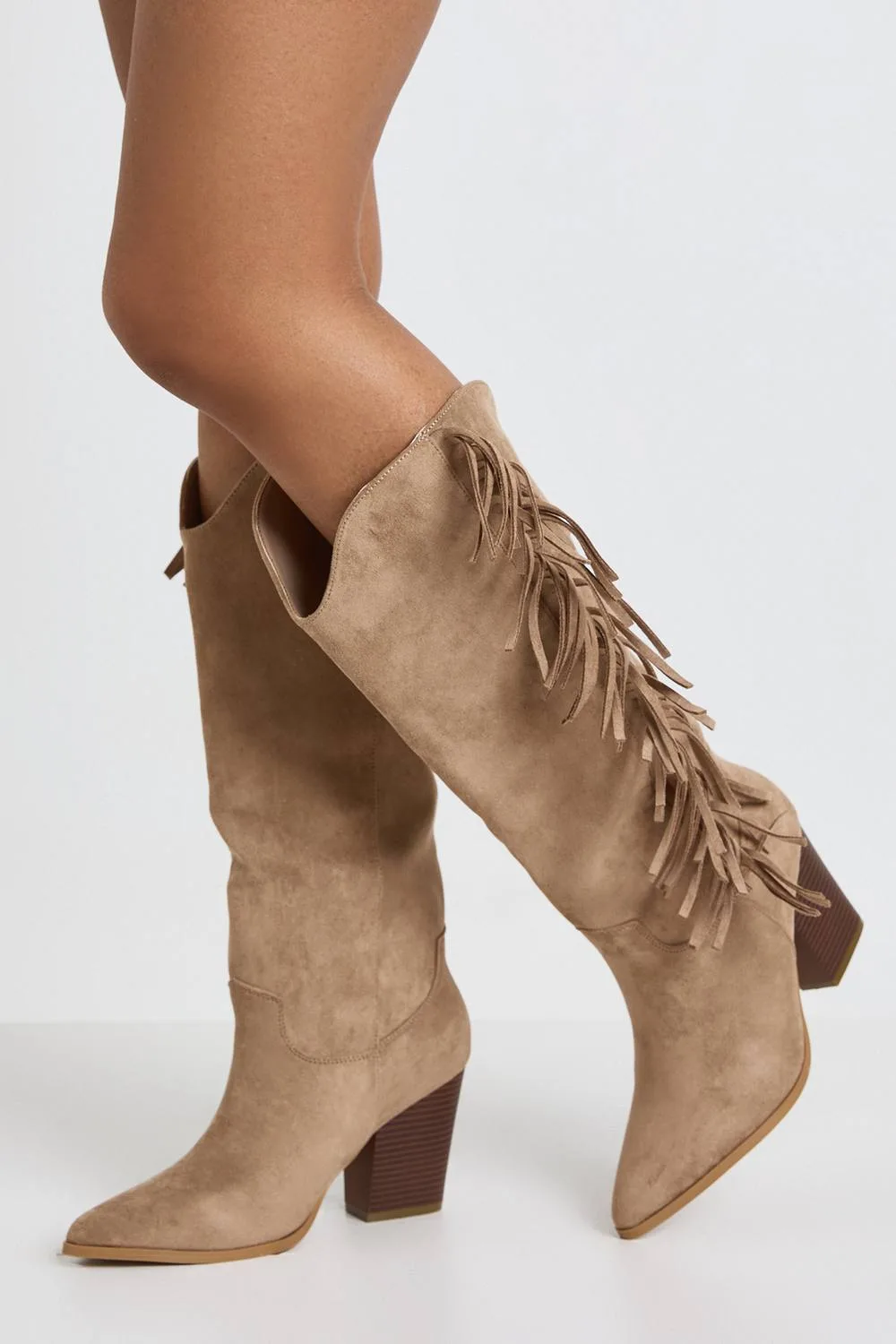 Faux Suede Fringe Detail Fold Over Western Cowboy Boots