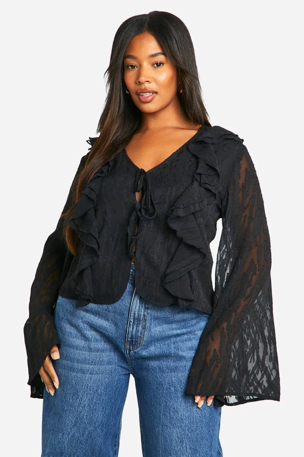 Burnout Animal Tie Front Ruffle Blouse by boohoo