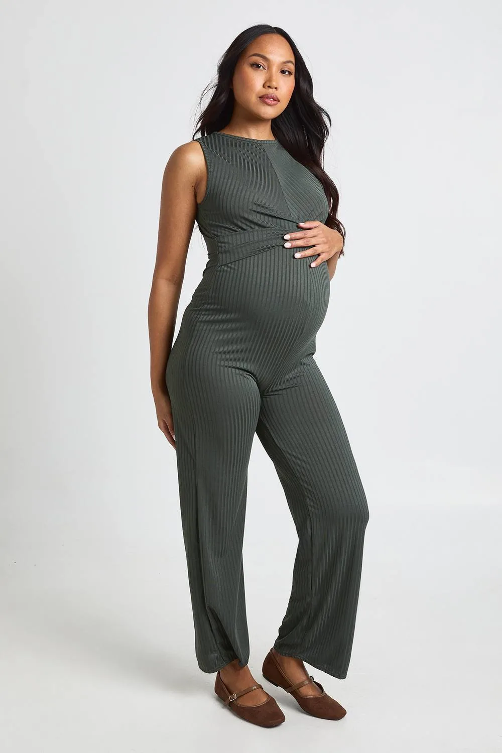 Maternity Rib Sleeveless Knot Detail Lounge Jumpsuit by boohoo
