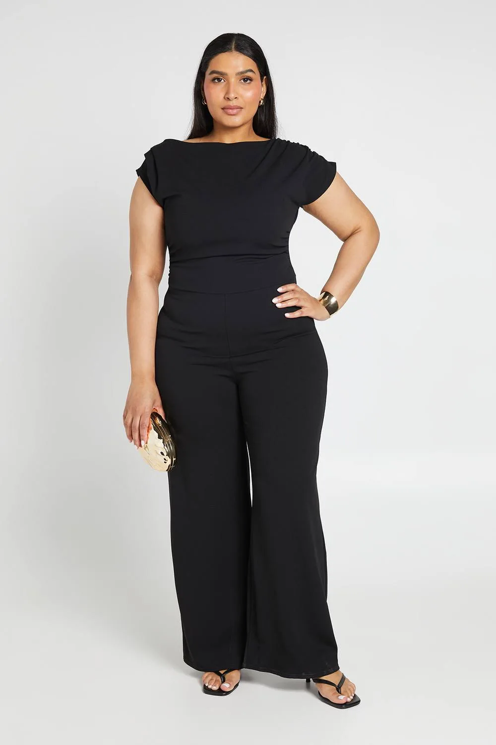 Crepe Asymmetric Neck Drape Wide Leg Jumpsuit