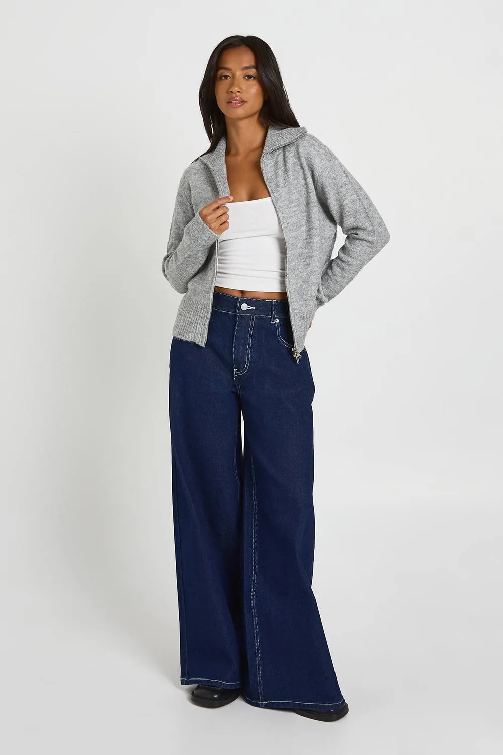 Soft Knit Zip Through Knitted Jumper by boohoo