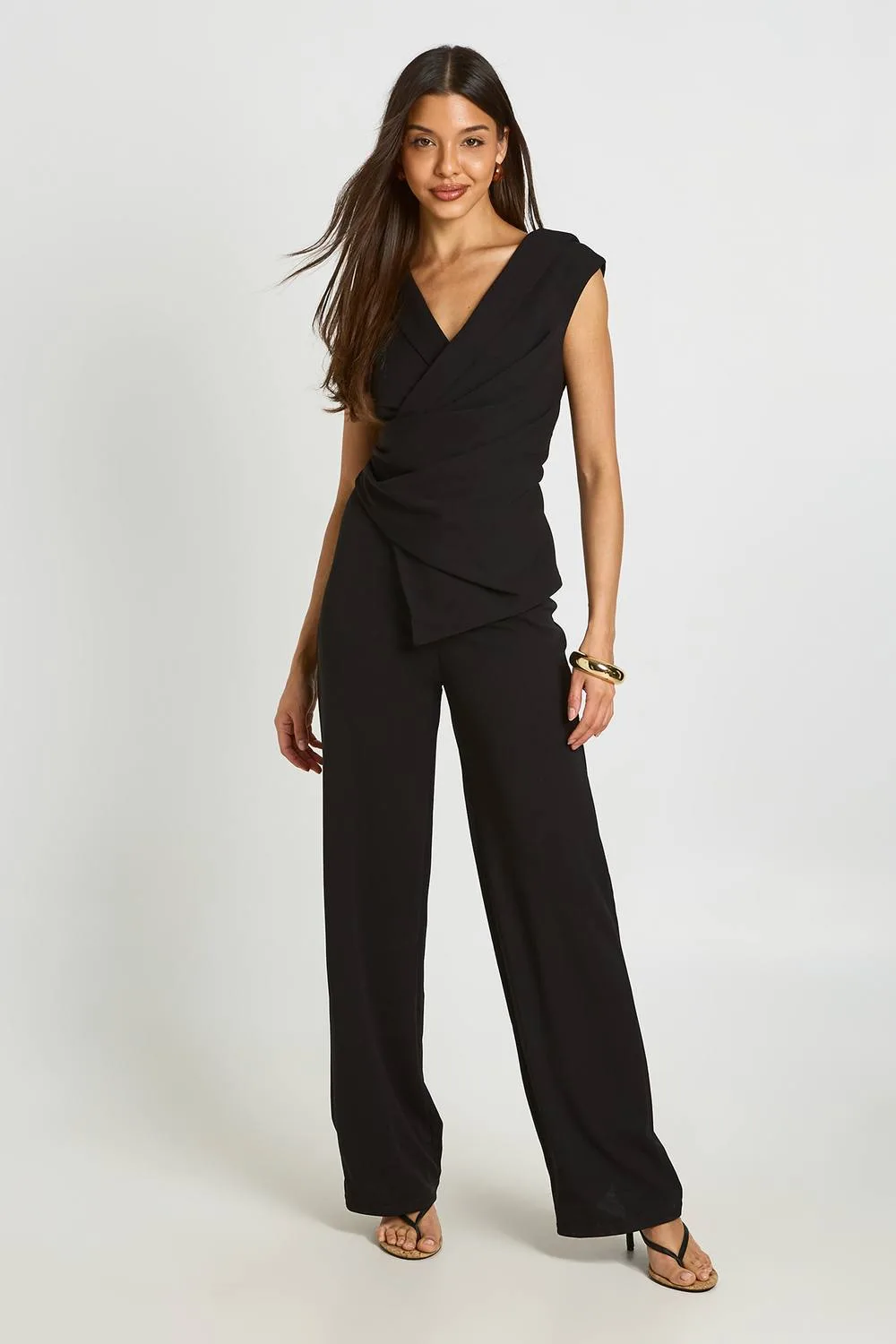 Wrap Front Drape Detail Wide Leg Jumpsuit