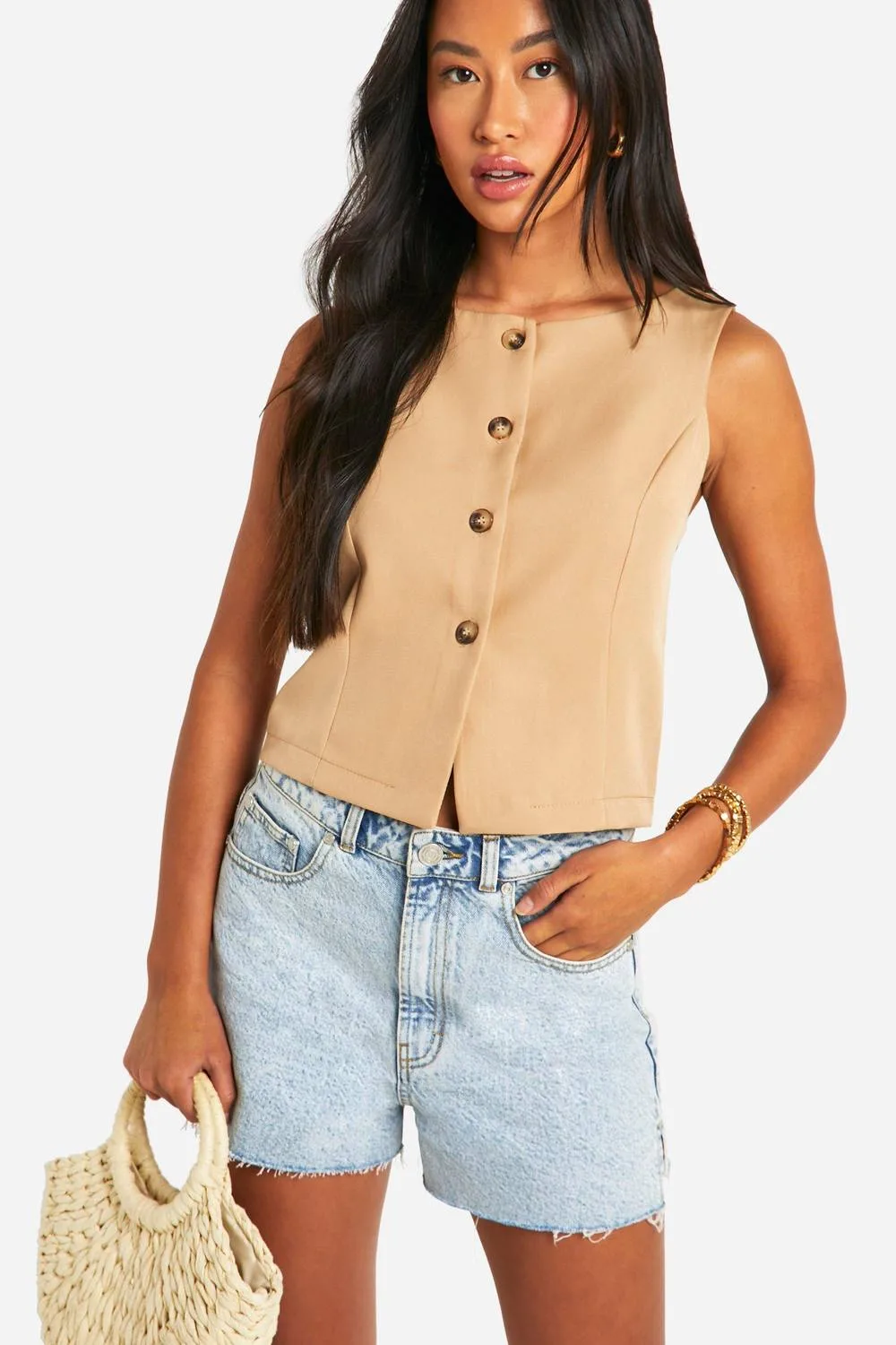 Slash Neck Mock Horn Fitted Waistcoat by boohoo