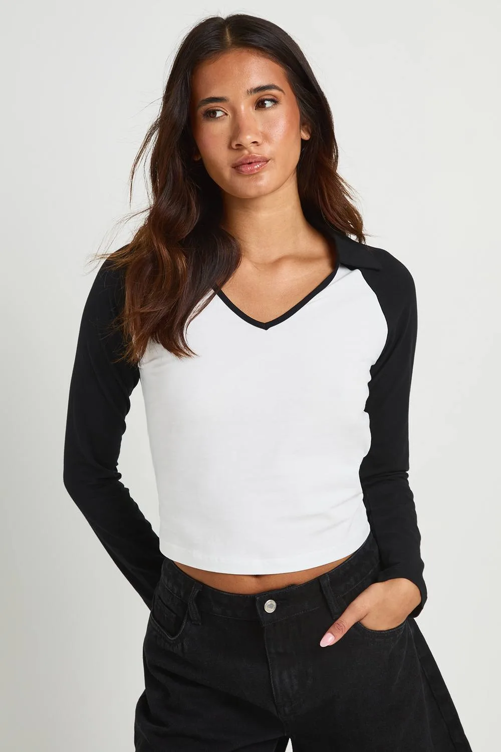 Contrast Raglan Collared Top by boohoo