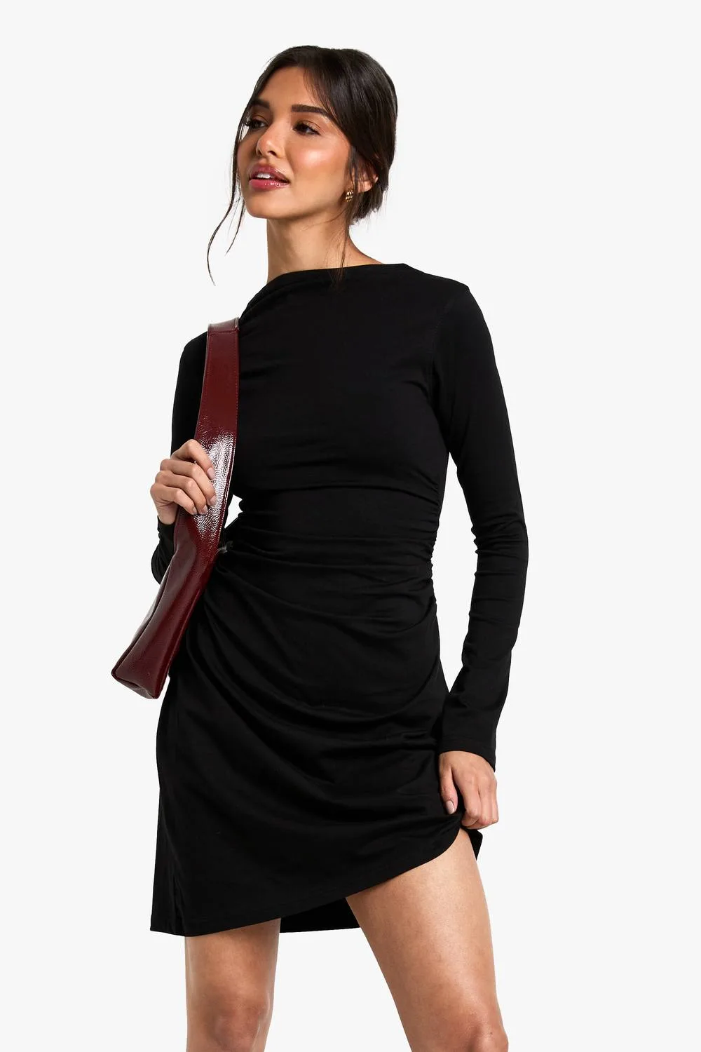 Ruched Slash Neck Mini Dress by boohoo