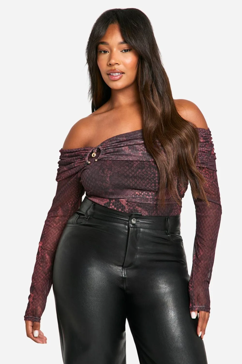 Dark Snake Bardot Ring Detail Mesh Bodysuit by boohoo