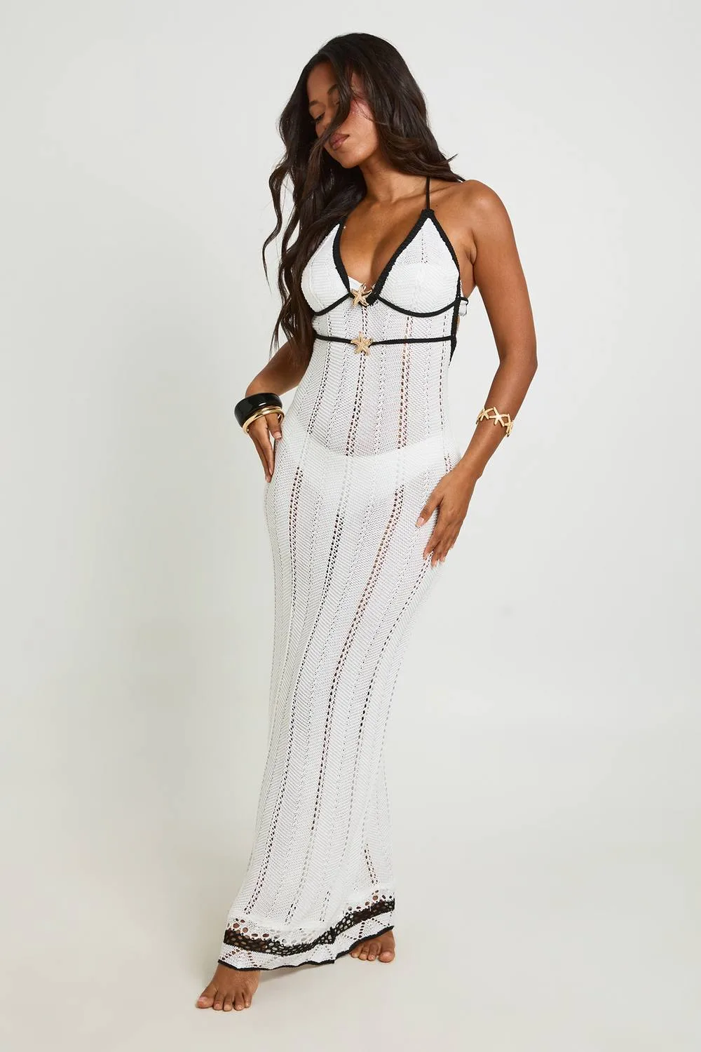 Beach Crochet Gold Starfish Trim Strappy Maxi Dress by boohoo