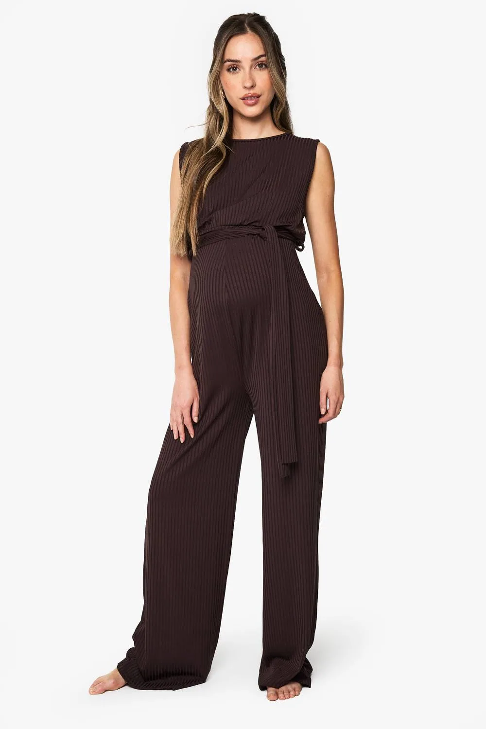 Maternity Rib Belted Sleeveless Lounge Jumpsuit by boohoo