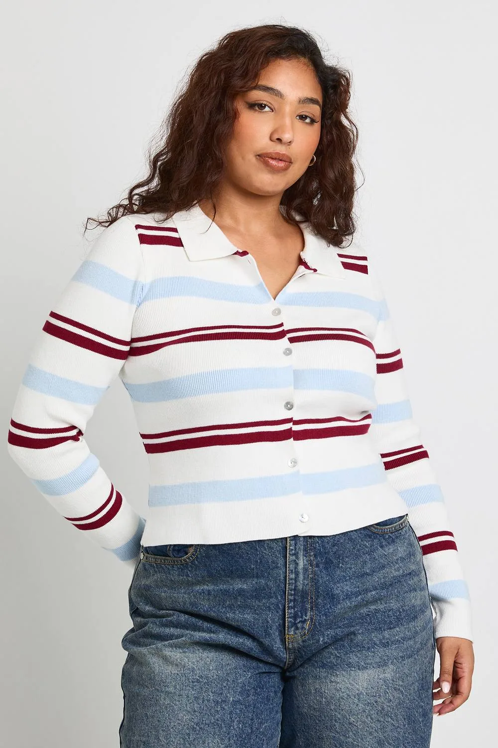 Collared Stripe Crew Neck Knitted Cardigan by boohoo