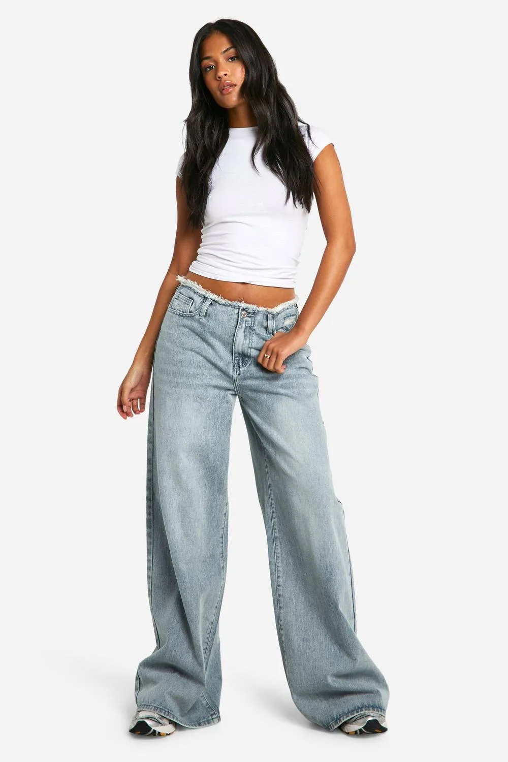 Raw Waistband Wide Leg Jeans by boohoo