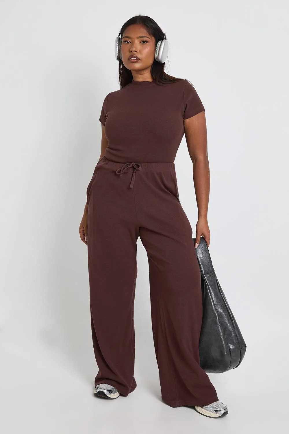 Rib Wide Leg Trouser by boohoo