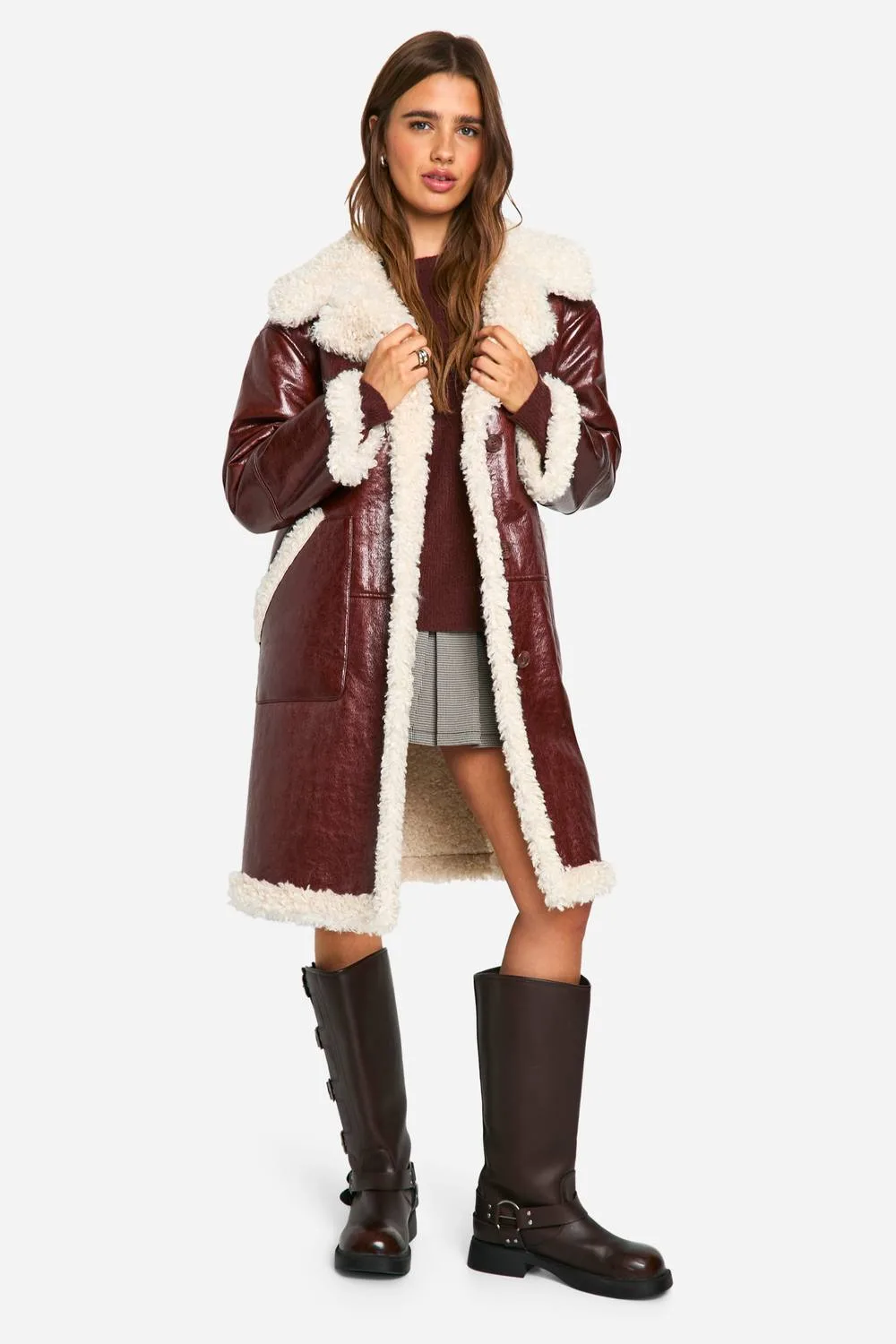 Faux Leather Teddy Trim Longline Aviator Jacket by boohoo