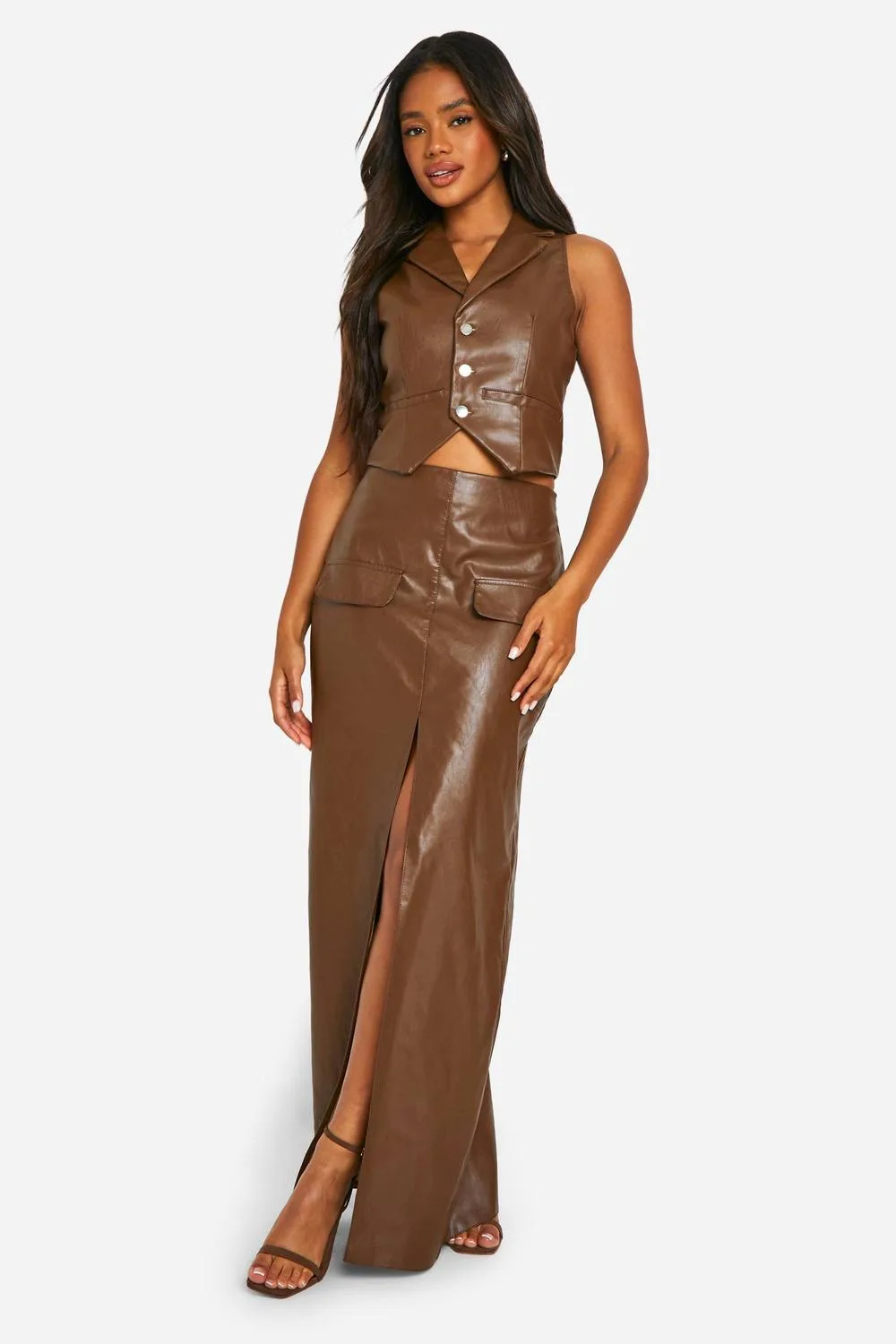 Faux Leather Pocket Detail Wrap Maxi Skirt by boohoo