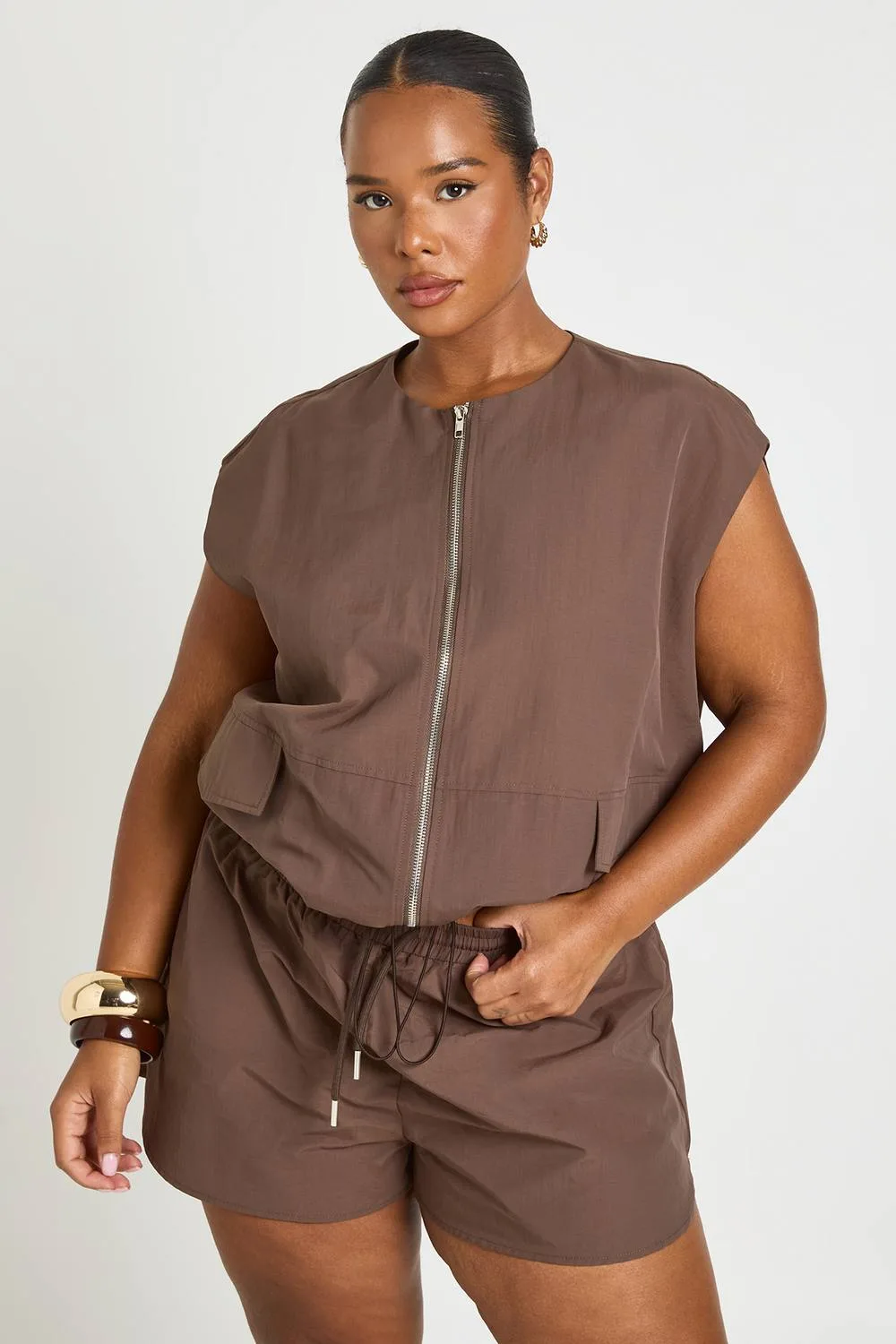 Collarless Oversized Nylon Zip Up Top by boohoo