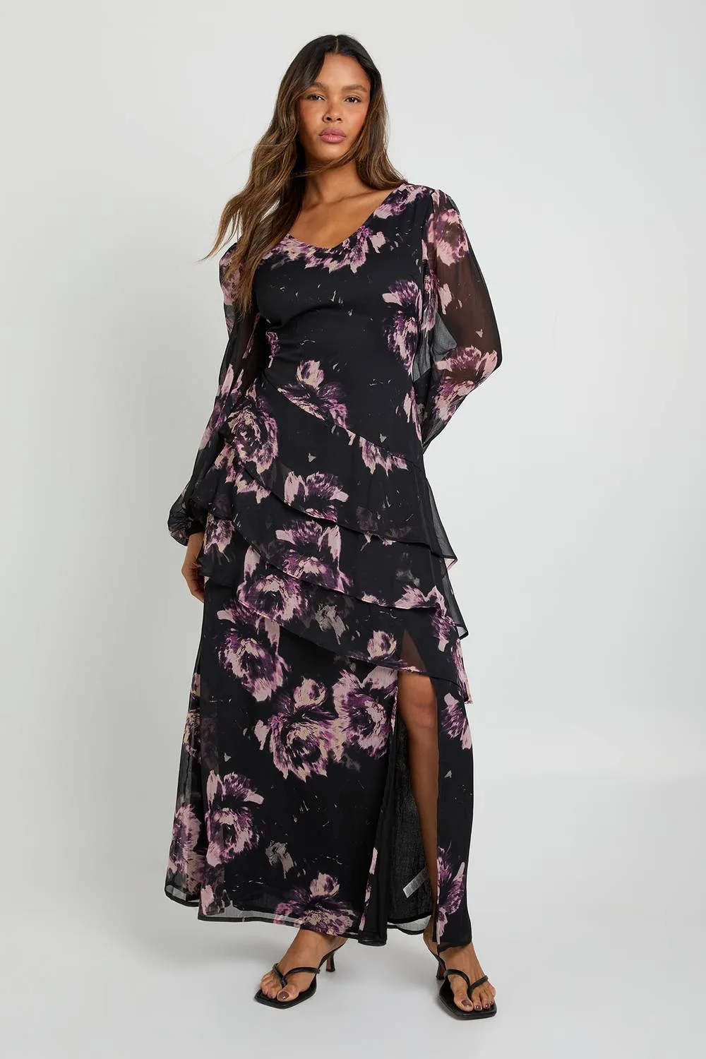 Floral Chiffon Floral Frill Maxi Dress by boohoo