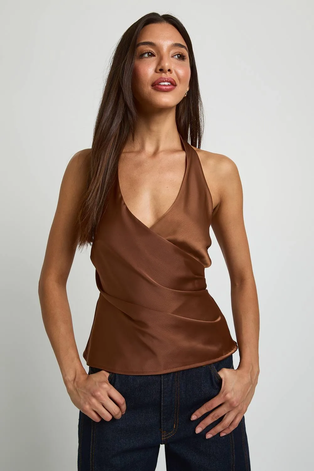 Satin Halter Neck Wrap Top by boohoo