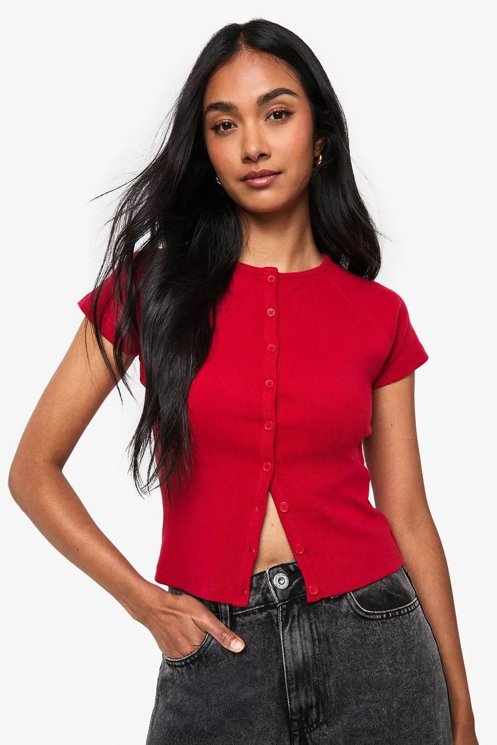 Rib Button Through Cap Sleeve Top