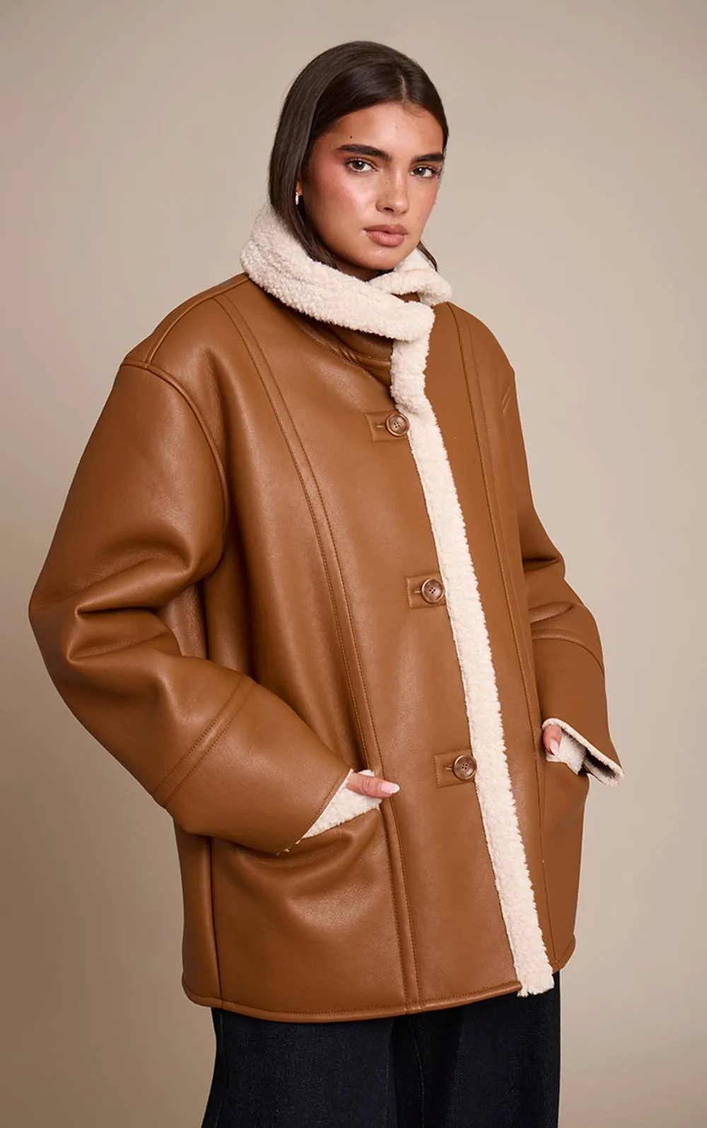 Faux Leather Funnel Neck Aviator Coat by PrettyLittleThing