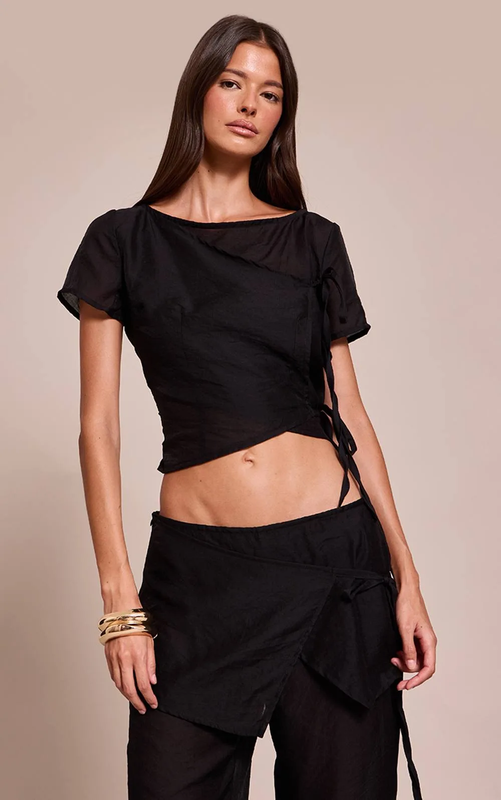 Sheer Organza Tie Detail Short Sleeve Top Co-Ord - Stone