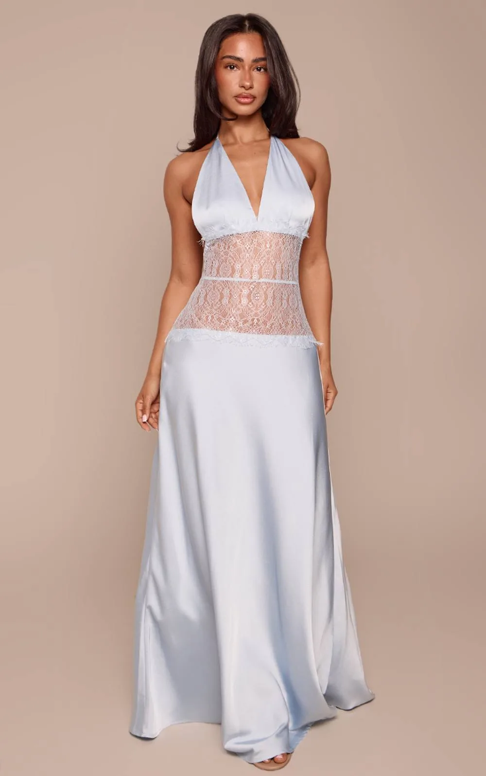 Lace Cut Out Waist Satin Tie Maxi Dress by PrettyLittleThing