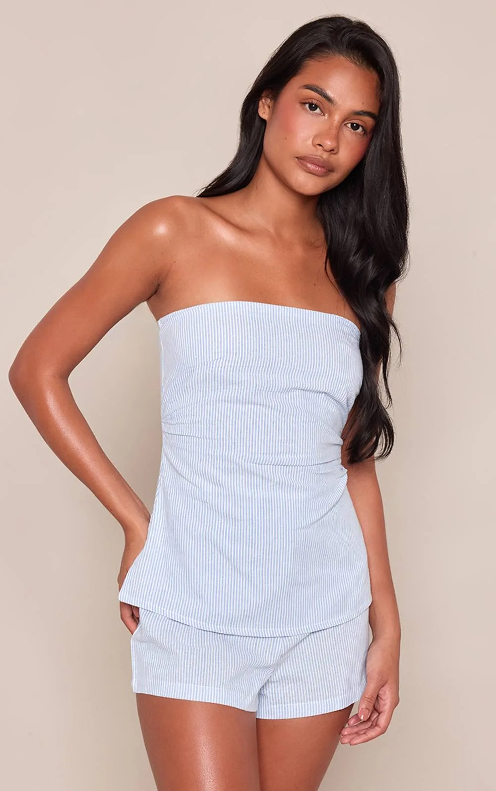 Pinstripe Linen Look Playsuit by PrettyLittleThing