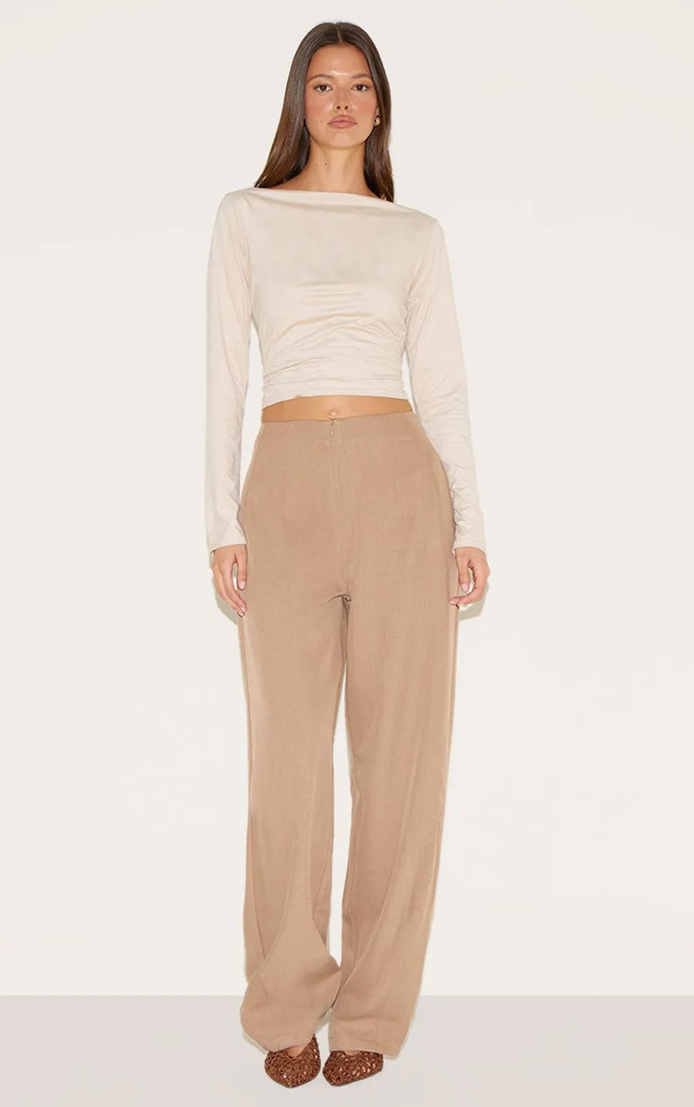 Pintuck Waistband Zip Front Tailored Trousers by PrettyLittleThing