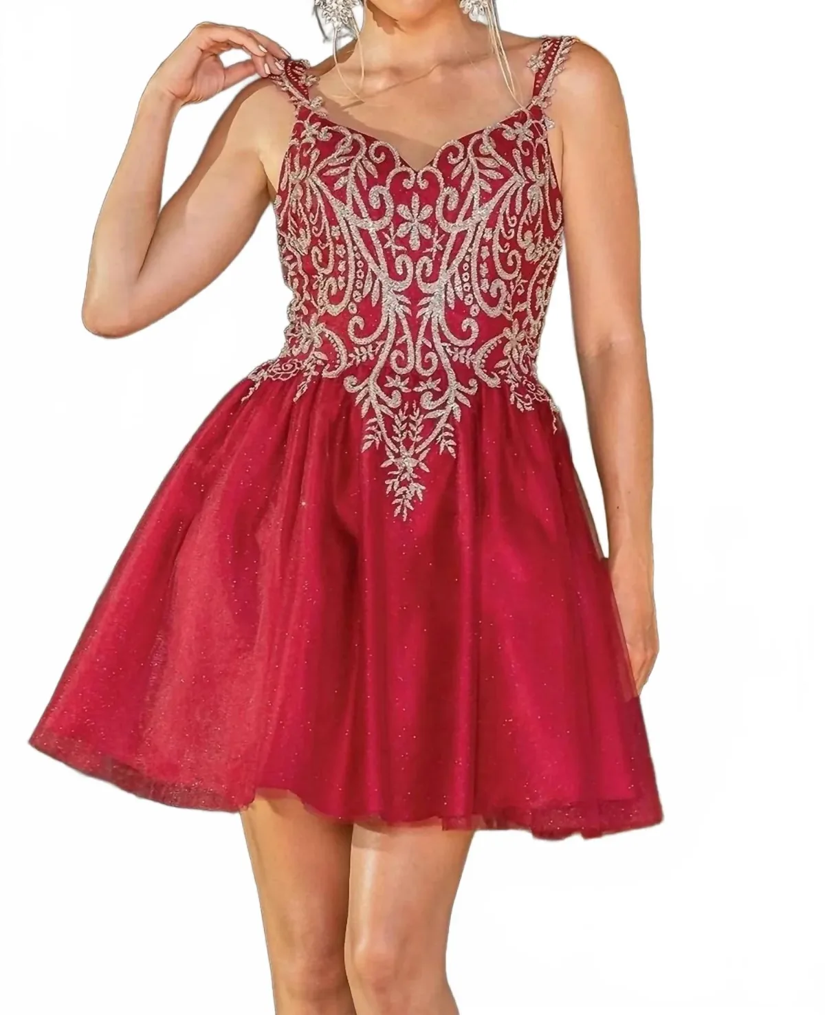 Embroidered-Bodice Glitter Homecoming Dress in Burgundy by Dancing Queen