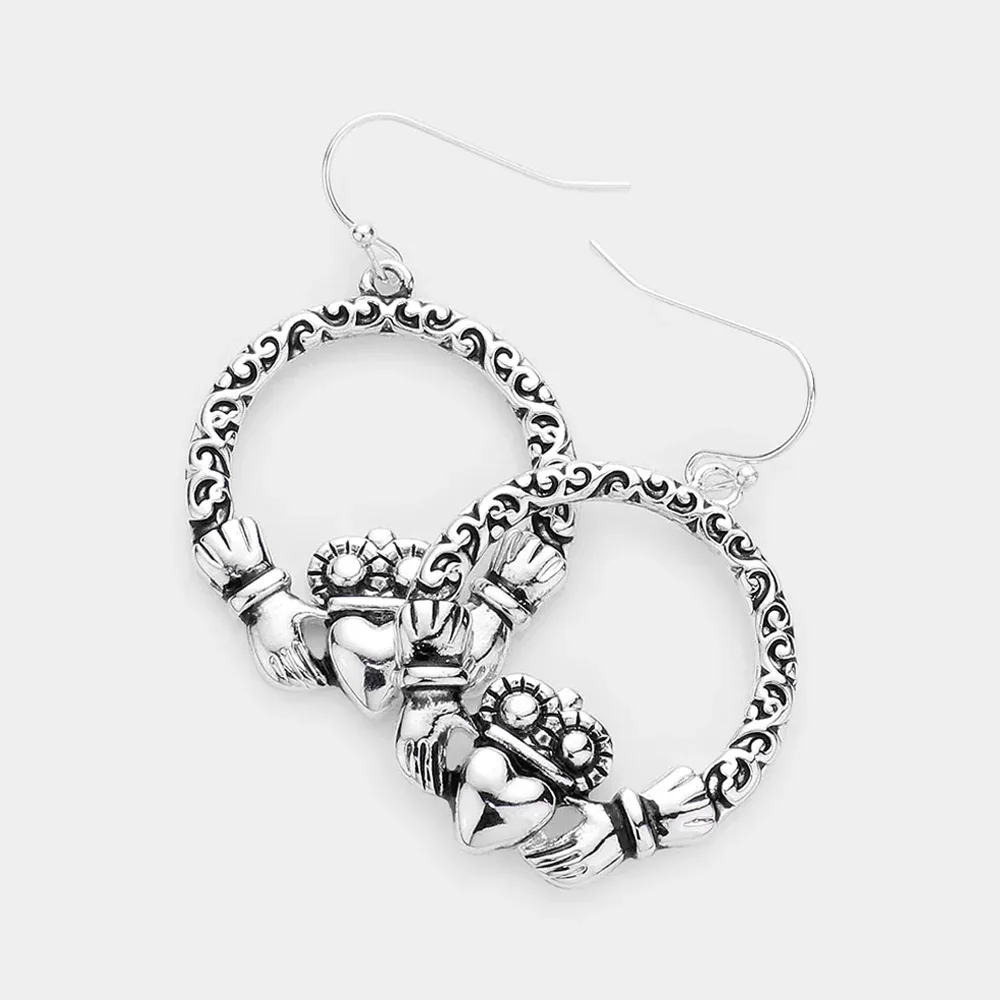 Claddagh Accented Open Metal Circle Dangle Earrings 1" x 1.7 by FASHNZFAB