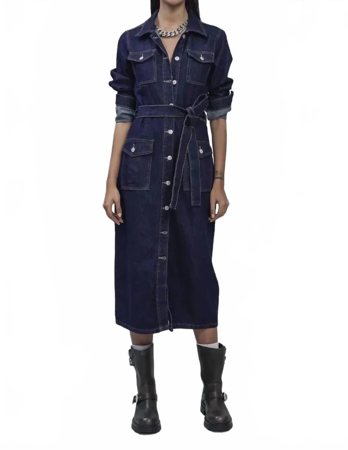 Long Sleeve Denim Midi Dress by BSL