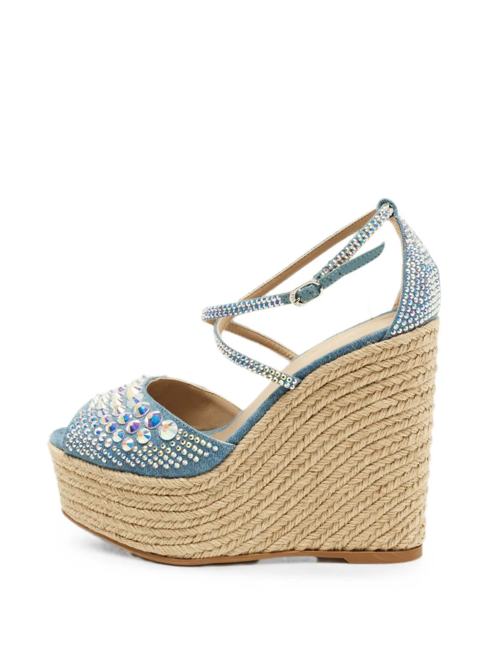 Crystal-Embellished Denim Sandals by Le Silla