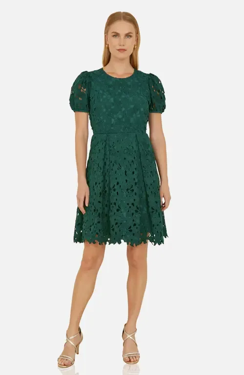 Lace Puff Sleeve Fit Flare Mini Dress by Yumi