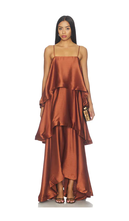 Tilly Tiered Maxi Dress in Metallic Copper by ELLIATT