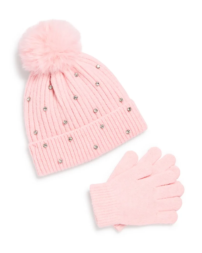 Rhinestone Beanie with Faux Fur Pom & Gloves Set by Capelli