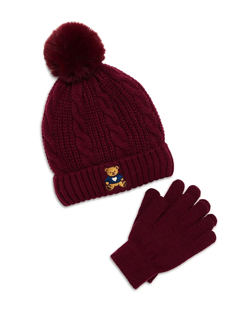 Two Piece Teddy Bear Cable Knit Hat & Magic Gloves Set by Capelli