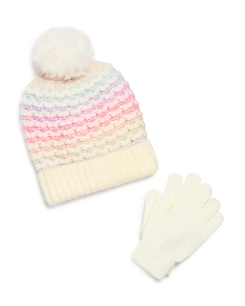 Birds Eye Heart Knit Cuff Beanie with Faux Fur Pom & Gloves Set by Capelli