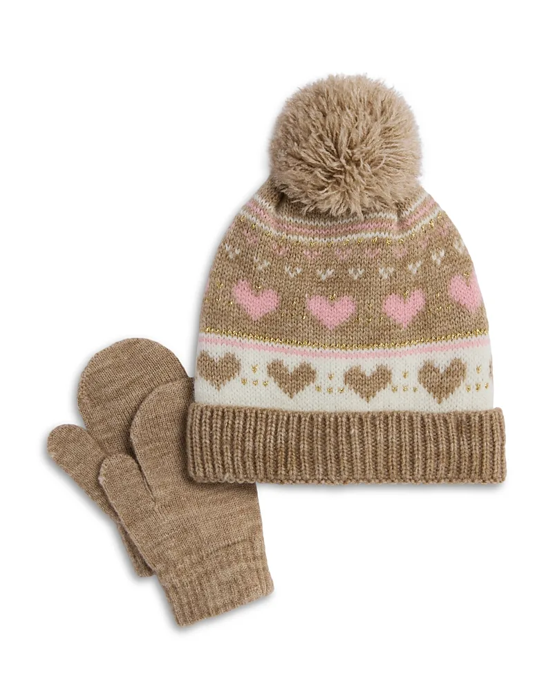Heart Fairisle Hat with Rib Knit Cuff & Mittens Set by Capelli