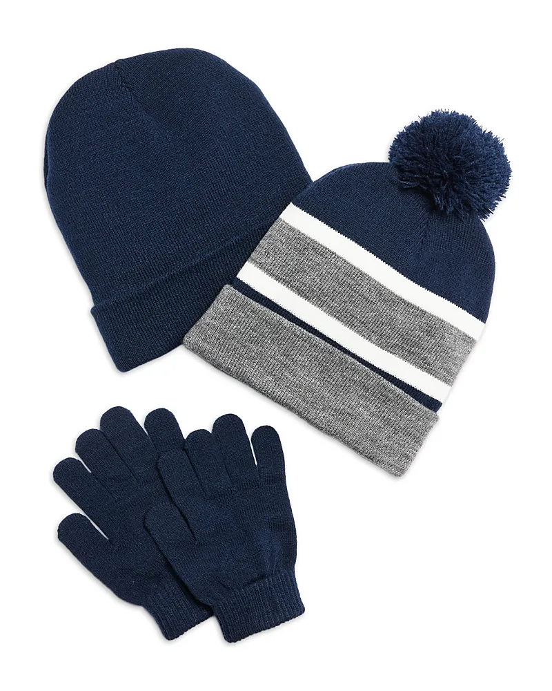 Striped Rib Knit Cuff Hat, Solid Knit Hat & Gloves Set by Capelli