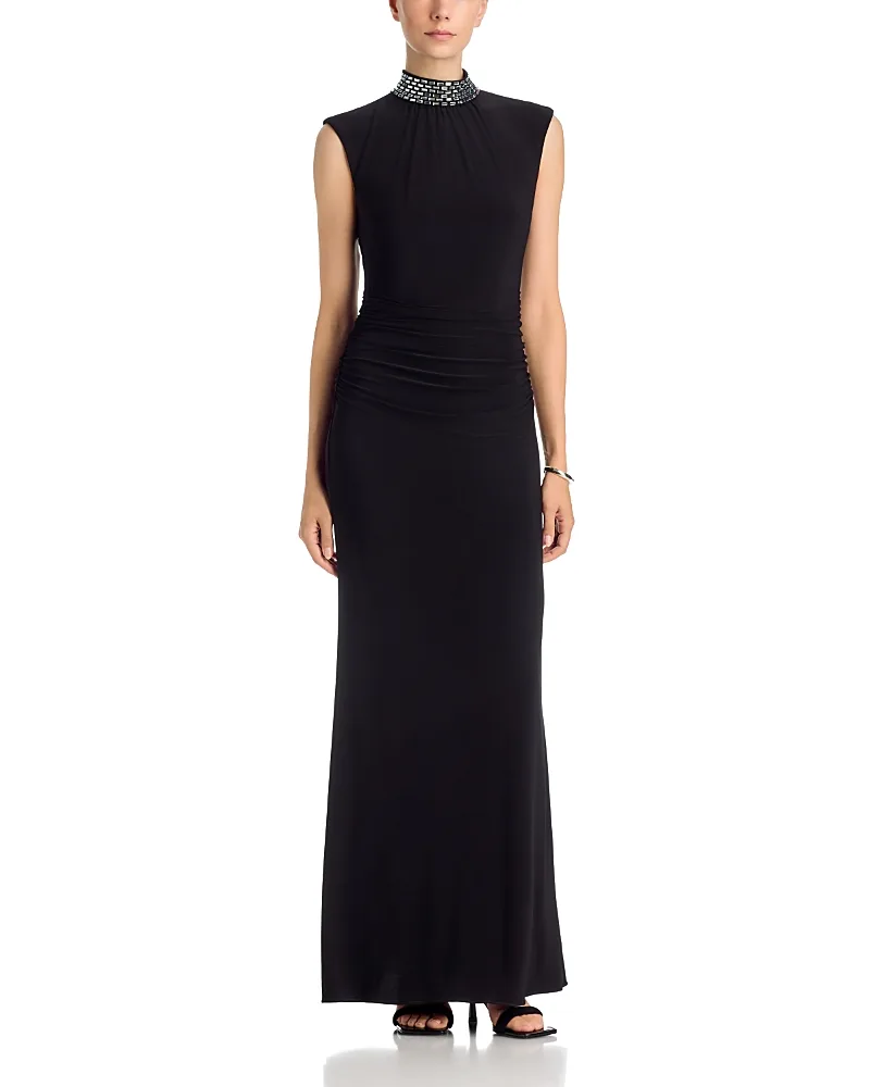 Beaded Mock Neck Gown by AQUA