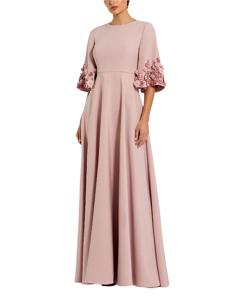 Mac Duggal Stretch Satin 3/4 Sleeve Gown with Flower Trim by M.A.C.