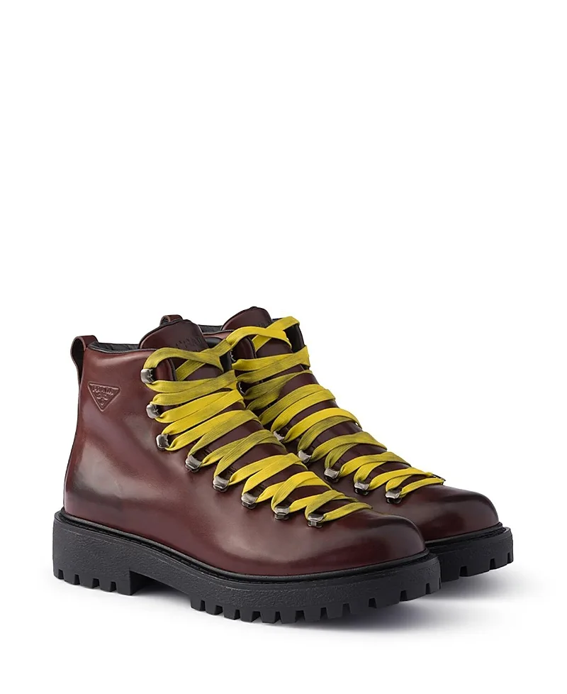 Antiqued Leather Lace-Up Ankle Boots by Prada
