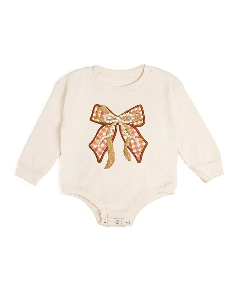 Cinnamon Plaid Bow Patch Long Sleeve Romper by Sweet Wink