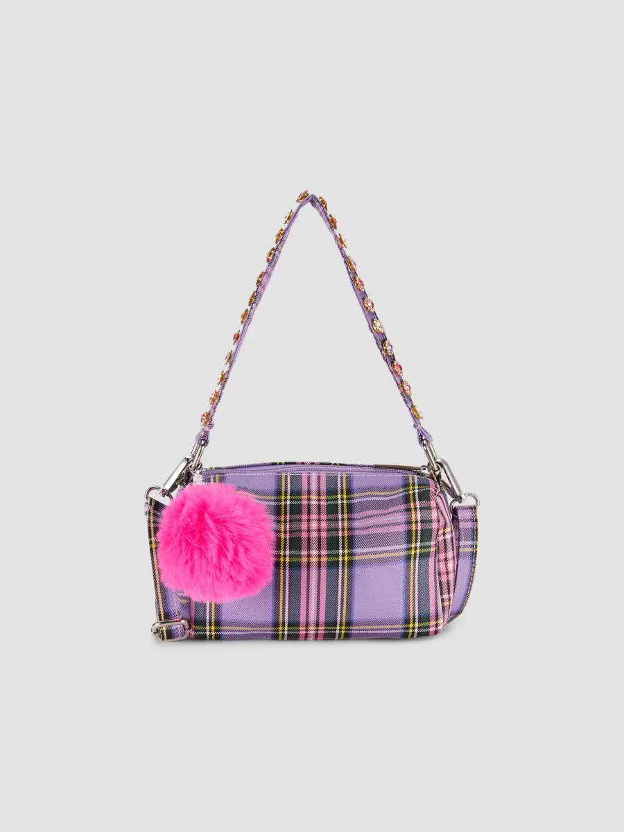 Pom-Pom Charm Plaid Shoulder Bag by Bari Lynn