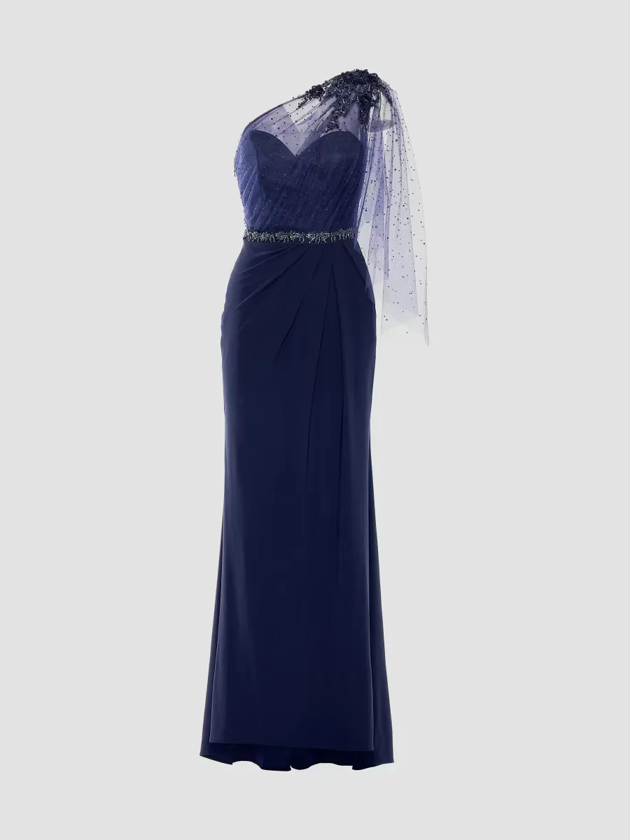 Mac Duggal Embellished One-Shoulder Draped Gown by M.A.C.