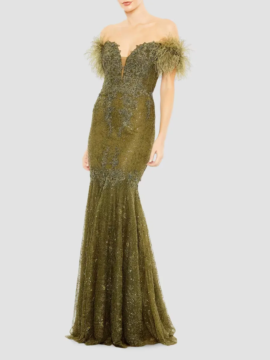 Mac Duggal Off-The-Shoulder Feather Embellished Mermaid Gown by M.A.C.